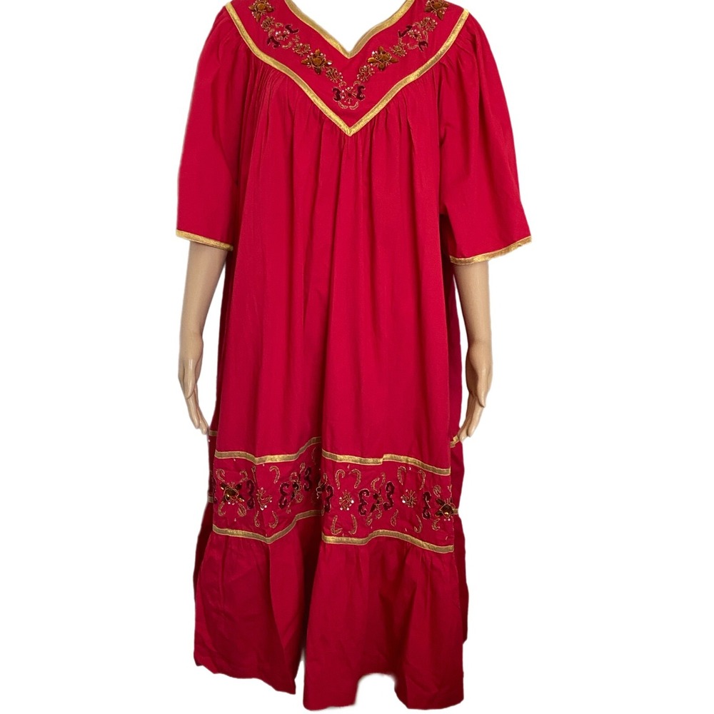 NWT Go Softly 2x PATIO DRESS Red Metallic Gold Trim Sparkle Gems HOUSE LOUNGE